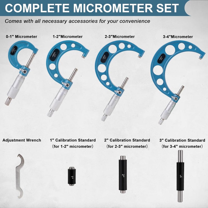 Beaiguna Store 4PCS Micrometer Set, 0-1"/1-2"/2-3"/3-4" Machinist Outside Micrometer Measuring Tool, Ultra-Precision 0.0001" Graduation Micrometers, Professional Machinist Tools Set - Image 2